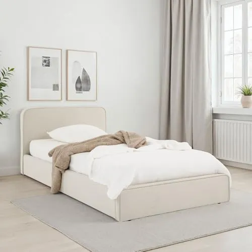 IDIMEX Polsterbett MARINI 90x200 cm - Einzelbett mit cremefarbenem Stoffbezug und Roll-Lattenrost für optimalen Schlafkomfort, ideal für Schlafzimmer oder Gästezimmer.