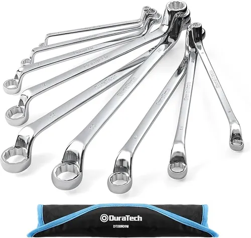 DURATECH 9-teiliger gekröpfter Doppelringschlüsselsatz 6-23 mm, metrisch, mit Rolltasche, 75 Grad gekröpft, 12-kant, aus Chrom-Vanadium-Stahl.