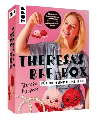 Produktbild Theresas BFF-Box. Für dich und deine:n BFF: Anleitung, Acrylgarn in 2 Farben, Füllwatte, Häkelnadel 3,0 mm, Sicherheitsaugen, Perlen, Elastikfaden, Freundschaftskarten