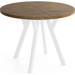 Runder Ausziehbarer Esstisch im Loft-Stil – Verlängerbarer Tisch mit Weißen Holzbeinen – Platzsparender Esstisch für Wohnzimmer – Eiche Br... - Braun