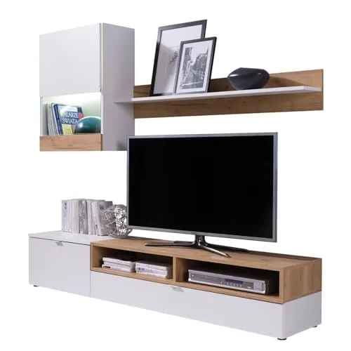 Wohnwand Andreas: Elegantes Wohnzimmer-Set mit grifflosen Öffnungen - Moderner Wohnwand in Weiß/Eiche Gold, bietet viel Stauraum und praktisches push-to-open System. Ideal für stilvolle Wohnzimmergestaltung und Selbstaufbau.