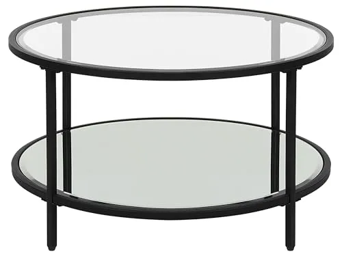 Beliani Moderner, runder Couchtisch Birney mit Hartglas und schwarzem Eisengestell - Beistelltisch fürs Wohnzimmer mit stilvoller Glasplatte und praktischer Ablagefläche, ideal für einen glamourösen Look und einfache Selbstmontage.