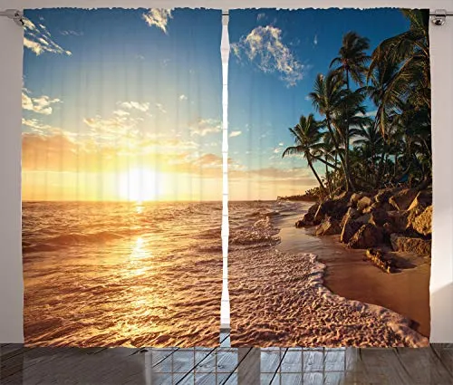 ABAKUHAUS Landschaft Rustikaler Gardine, Palmen am Strand, Schlafzimmer Kräuselband Vorhang mit Schlaufen und Haken, 280 x 225 cm, Blau Braun