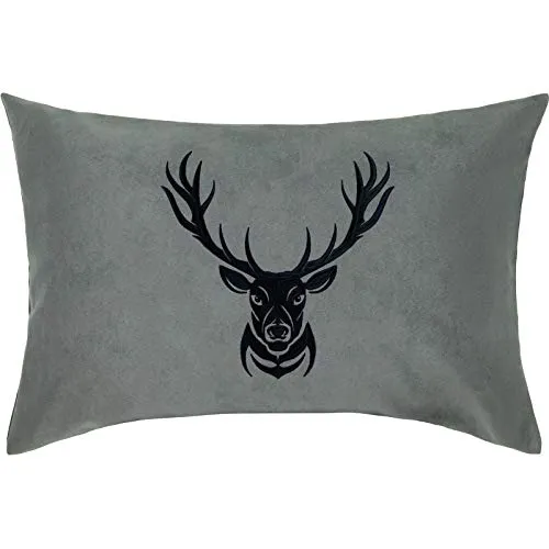 EXPRESS-STICKEREI Hirschkopf Kissen mit Motiv Hirschgeweih Landhausstil Dekoration Country Chic traditionelle Wohnzimmer Dekokissen mit Füllung Zierkissen Sofakissen Polsterüberzug | 40x60cm | grau