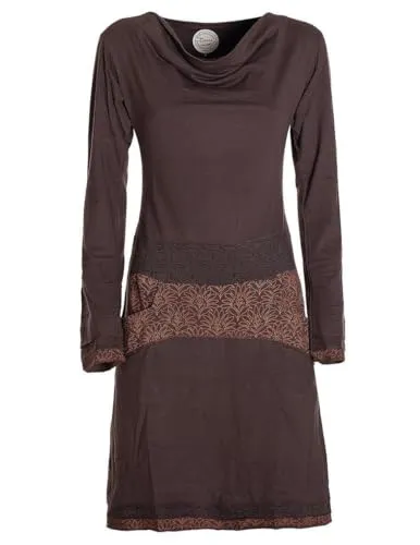 Vishes - Alternative Bekleidung - Langarm Damen Kleid mit Wasserfallkragen Bund Bedruckt Taschen braun 40