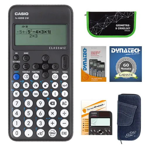 Casio FX-82 DE CW + Jeans-Tasche dunkelblau,Zirkelset grün,Folie,Buch,Garantie