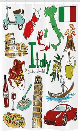 Abakuhaus Duschvorhang Badezimmer Deko Set aus Stoff mit Haken Breite 120 cm, Höhe 180 cm, Italien Spaß-bunter Sketch Stil