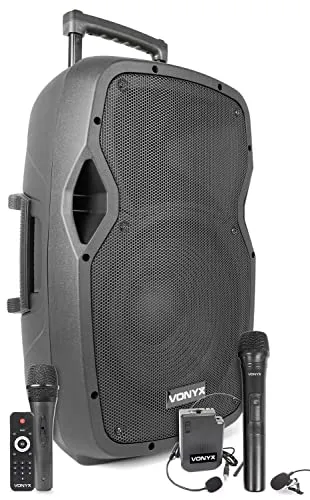 Vonyx AP1200PA - Mobile PA Anlage, Partybox Bluetooth mit Akku, 600 Watt Party Lautsprecher mit UHF-Mikrofon, Kabel-Mikrofon und Wireless Headset, Musikbox Bluetooth Groß, MP3 - USB/SD, Handgriff