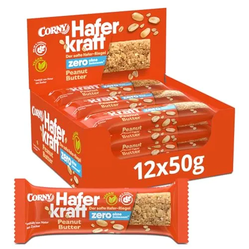 Haferriegel | Corny Haferkraft Zero Peanut | Veganer Müsliriegel ohne Zuckerzusatz | Mit knackigen Erdnüssen | Energiereicher Snack für unterwegs | Großverpackung 12x50g