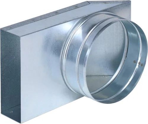 Subtiel Lüftungsschacht Flachkanal Übergang 90° - Praktischer Adapter für den Übergang von Flachkanal (150 x 50 mm) auf rundes Lüftungsrohr. Ideal für effiziente Luftverteilung in Wohnräumen und gewerblichen Anlagen. Hergestellt aus robustem verzinktem Stahl, temperaturbeständig bis 250 °C.