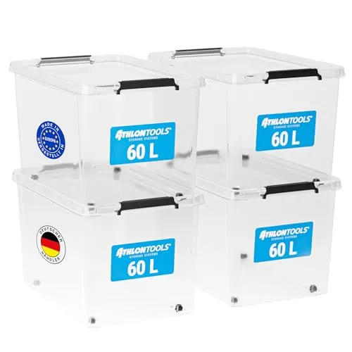 ATHLON TOOLS 4x 60 L Aufbewahrungsboxen mit Deckel - Aufbewahrungsbehälter mit Deckel, lebensmittelecht und BPA-frei, ideal für mühelose Organisation in jedem Bereich Ihres Zuhauses.
