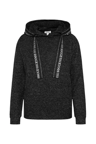 SOCCX Damen Flauschstrickpullover mit Logo-Tape an der Kapuze Black Melange, XXXL