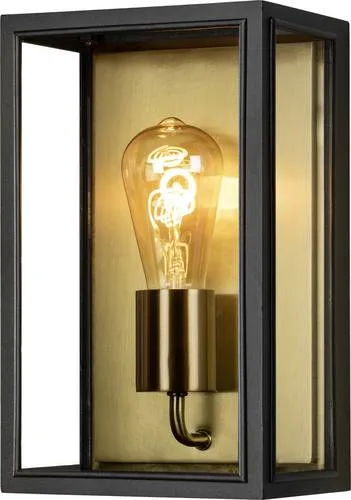 Konstsmide Carpi Außenwandleuchte E27 Schwarz/Messing - Elegante Wandleuchte für E27 Leuchtmittel, mit messing anodisierter Rückwand für warmes Licht und stilvollem Design aus schwarz lackiertem Stahl.