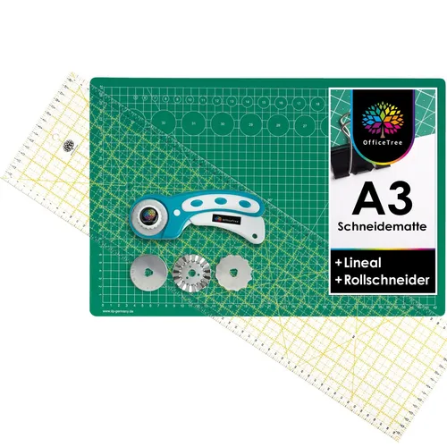 OfficeTree Schneidematte A3 Set + Rollschneider + Patchworklineal 60 cm - Schneidematte Set für professionelle Schnittarbeiten - Nähzubehör für Kreative (Grün)