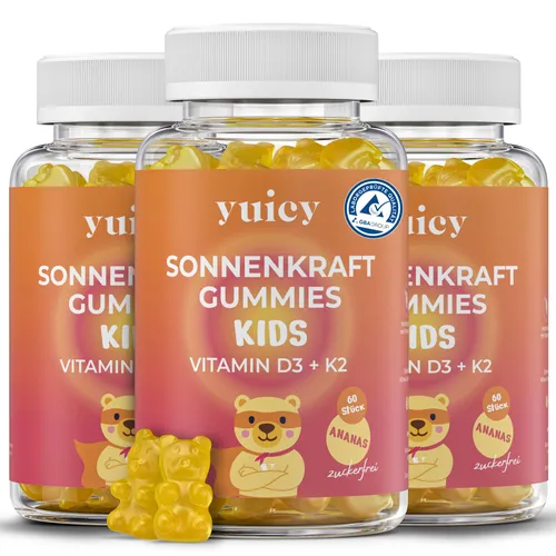 yuicy® Kids Sonnenkraft – Vitamin D3 + K2 Gummibärchen für Kinder - Leckere Gummibärchen mit Vitamin D3 + K2 für Kinder ab 3 Jahren. Ideal zur Unterstützung der täglichen Vitaminaufnahme in kinderfreundlicher Form. Vegan, zuckerfrei und ohne Allergene – für gesundes Wachstum.