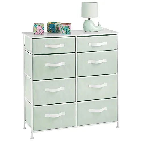 mDesign Kommode mit 8 Schubladen für Spielzeug und Kleidung – stabiler Schubladenschrank für das Kinderzimmer – Kleiderkommode aus Metall, Holz und Stoff – mintgrün/weiß