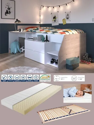 Parisot Meuble Hochbett 'Milky 1', Weiß & Hellgrau, 90x200 cm - Praktisches halbhohes Hochbett für Kinderzimmer mit integriertem Stauraum und Schreibtischfunktion. Die hochwertige 7-Zonen Kaltschaummatratze sorgt für angenehmen Schlafkomfort.