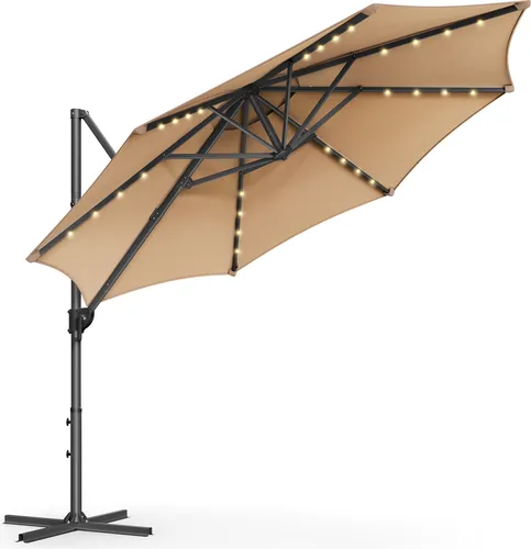 SONGMICS Sonnenschirm, 300 cm, 28 Solar-LED-Leuchten, UPF 50+, um 360° drehbar