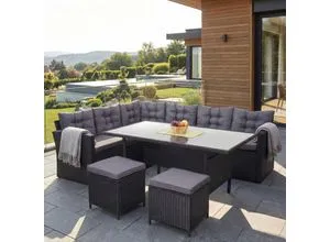 Poly-Rattan-Garnitur MCW-A29, Gartengarnitur mit Hockern, schwarz - Gartenmöbel-Set mit stabiler Stahlkonstruktion und wasserfestem Poly-Rattan, ideal für entspannte Stunden im Freien. Inklusive dick gepolsterter Kissen für höchsten Komfort.