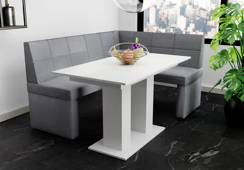 Eckbankgruppe BLAKE XL mit Esstisch DANTE - Sitzbänke für Wohnzimmer und Esszimmer, inklusive stilvollem Esstisch in Weiß, ideal für gesellige Runden und Platzersparnis.