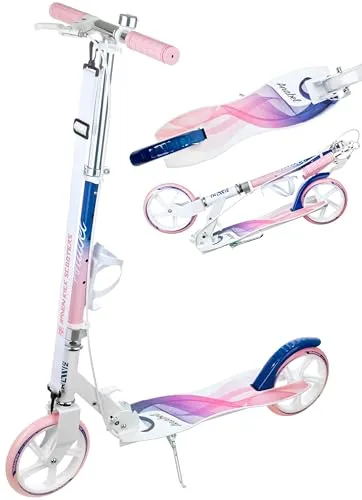 RAVEN Scooter Roller Tretroller Kickscooter für Kinder Erwachsene |klappbar | höhenverstellbar | Tragegurt | Klingel | Flaschenhalter (Anabel Navy/Pink mit Handbremse, 200mm)