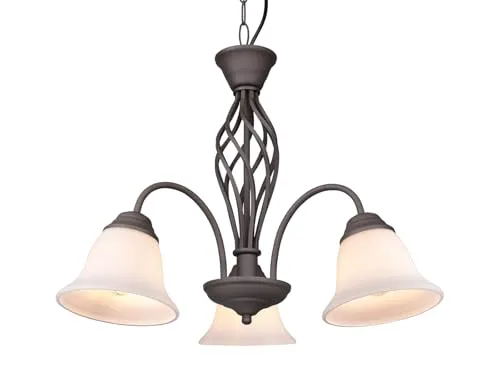 3-flammige Landhaus Pendelleuchte Rostoptik - Hängeleuchte in Rostoptik mit 3 austauschbaren E14 LEDs, dimmbar und ideal für gemütliche Wohnräume. Maße: Ø 55 cm, Höhe 150 cm, sorgt für warmes Licht und einladende Atmosphäre.