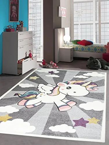 CARPETIA Kinderteppich Spielteppich Babyteppich Mädchen Einhorn Regenbogen rosa Creme grau Größe 120 cm Rund