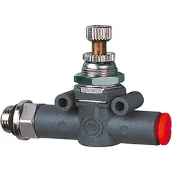 Riegler Drosselventil G 1/4 für Schlauch-Ø 8 mm - Praktisches Drosselventil für beidseitigen Durchfluss, ideal zur Regelung der Geschwindigkeit von pneumatischen Geräten. Mit robustem Gehäuse und manuellem Einstellmechanismus für vielseitigen Einsatz.