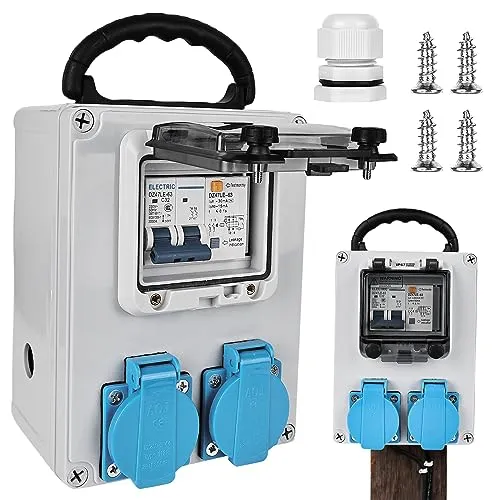 Baustromverteiler 250V 2P: Wasserdichter Wandverteiler mit FI Schutzschalter - Verteilerkästen, ideal für Indoor und Outdoor mit IP67 Schutz, ausgestattet mit 2 x 16A Steckdosen und 32A FI Schutzschalter für maximale Sicherheit in rauen Umgebungen.