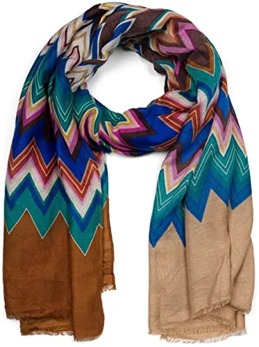 styleBREAKER Damen Schal mit buntem Zick Zack Zacken Muster, Stola mehrfarbig gezackt 01017154, Farbe:Braun-Beige