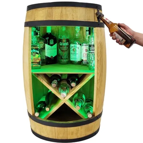 weeco Holzfass mit Flaschenöffner und Weinregal RGB LED Beleuchtung. Fassbar 80cm - Rustikale deko Barschrank - Hausbar Weinrefal, Fassbier, Whisky Bar. Geschenk für Männer (Hellbraun/Eiche)