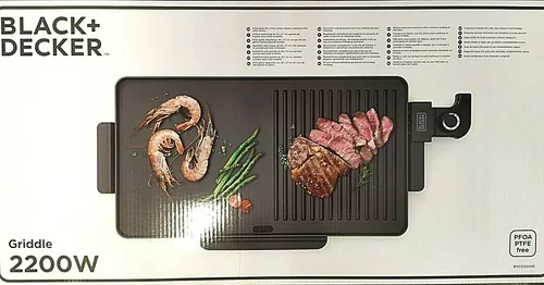 BLACK+DECKER BXGB2200E Griddle & Grill 2200W - Großküchentechnik mit 49x27cm Antihaft-Griddleplatte, ideal für fettfreies Grillen und einfache Reinigung dank integrierter Fettauffangschale.
