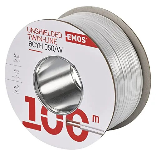 EMOS S8251 Lautsprecherkabel 100m, UTP, 2x0,50mm² - Niedervoltkabel in weiß mit PVC-Ummantelung, ideal für hochwertige Audioinstallationen und einfache Verkabelung.