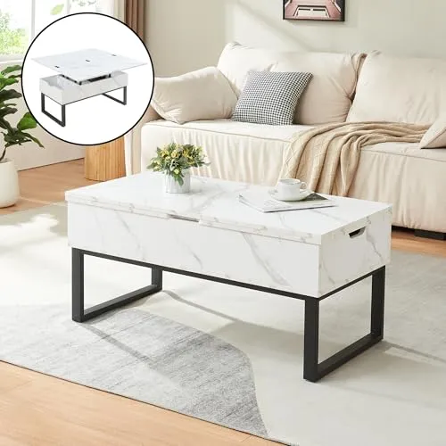 [en.casa] Couchtisch Rauli - Höhenverstellbarer Wohnzimmertisch mit Marmoroptik - Kaffeetisch mit elegantem Design und zwei Hebeplatten für flexible Nutzung als Arbeitsplatz oder Snacktisch. Ideal für kleine Räume mit drei praktischen Innenfächern zur Aufbewahrung.