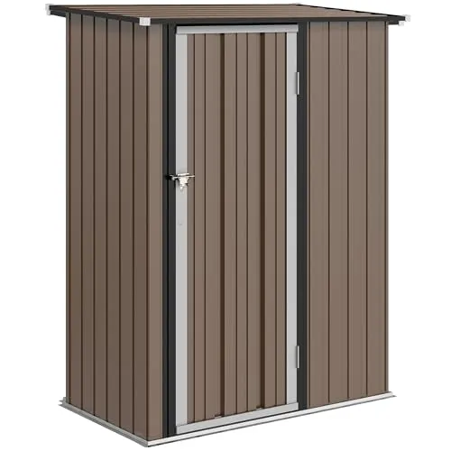 Outsunny Metall Gerätehaus 1,07 m² 142 x 84 x 189 cm Geräteschuppen mit Pultdach Abschließbarer Tür, wetterfest Gartenhaus Outdoor Garten Schuppen für Hinterhof Außenbereich Braun