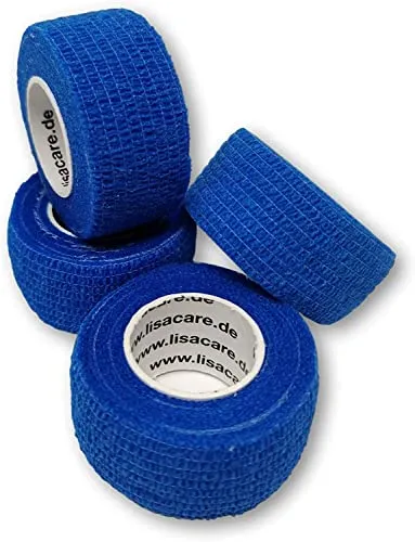 LisaCare Fingerpflaster selbsthaftend - 4 Rollen Set je blaue Rolle 2,5cm x 4,5m - blaues Tape - sensitiv, wasserfest, selbstklebend, steril, elastisch (4er-Set blau)