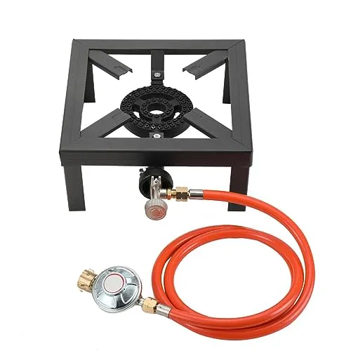 QAVODB 8KW Gaskocher, Hockerkocher mit 155cm Propangasschlauch und Druckminderer 50mbar, 1/4 zoll Linksgewinde Anschluss für Picknick,Gartenparty,Camping,Wandern,Grillen,25x25x11cm,Schwarz