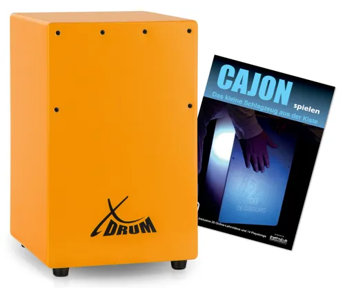 XDrum KC-37OG Kinder-Cajon Set in Orange - Percussion-Instrument für Kinder, nur 36 cm hoch, aus robustem Birkenholz mit Snare-Effekt und inklusive Cajon-Schule für einen einfachen Einstieg.