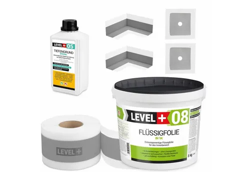 Level+ Dichtstoff Dichtset für Duschabdichtung - Spachtelmassen: Umfassendes Dichtset für zuverlässige Abdichtung in Bädern, inklusive Flüssigfolie und Dichtband, ideal für dauerhafte Feuchteschutzlösungen.