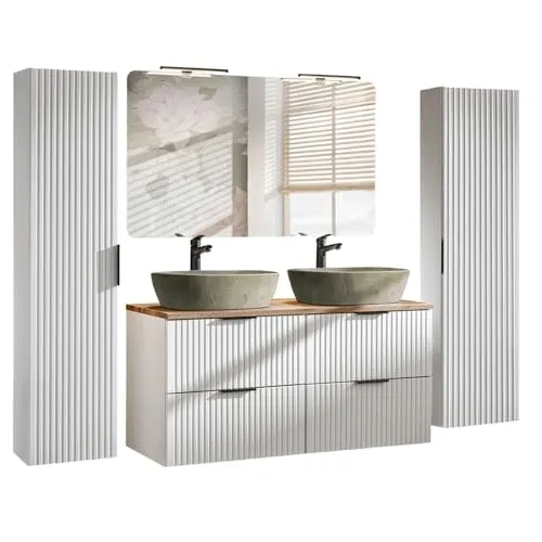 Lomadox Badezimmer Badmöbel Set 120 cm - Elegantes Design in matt weiß mit Eiche - Komplettprogramm für Badezimmer mit stilvollem Doppelwaschtisch und LED-Spiegel, FSC-zertifiziert und mit Soft Close-Funktion für mehr Komfort.