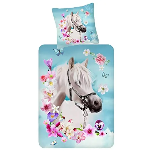ESPiCO Kinderbettwäsche My Beauty, 2-teilig mit Tiermotiv - Bettwäsche-Set aus 100% Baumwolle mit fröhlichem Pferd, Orchideen und Schmetterlingen. Ideal für eine gemütliche Kinderzimmereinrichtung und sorgt für eine harmonische Atmosphäre.