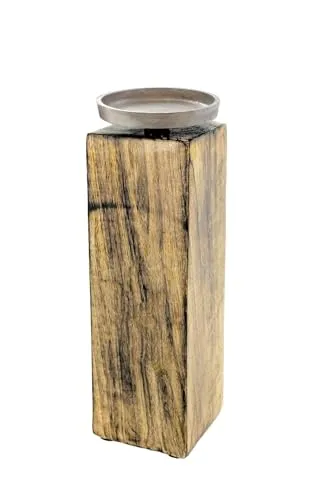 Mango Kerzenständer mit Alu Halter - groß / 25 cm - Holz Kerzenhalter für Stumpen- und Kugel-Kerzen - Deko Kerzenleuchter mit Metall Kerzenteller Landhaus Tischdeko Holzdeko rustikal
