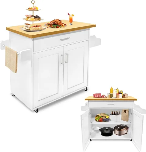 TRMLBE Küchenschrank mit Arbeitsplatte & Rollen & Schubladen Küchenwagen Abschließbar Servierwagen inkl. Handtuchhalter & Gewürzregal Küchenmöbel, 115x36x90cm