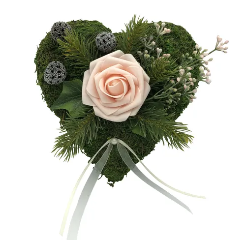 Grabgesteck Grabschmuck Moosherz Grabherz Trauerherz Grab Herz Gesteck Rose rosa
