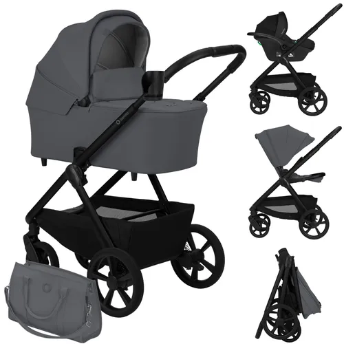 Lionelo Kinderwagen Carmine 3in1 mit Autositz i-Size und Babywanne – Grau mit GravelTech Rädern - Der Lionelo Carmine 3in1 Kinderwagen bietet eine Kombination aus Autositz, Babywanne und Buggy. Mit GravelTech-Rädern für sanftes Fahren auf jedem Untergrund und schützenden UPF50+ Stoffen ist er ideal für aktive Eltern.