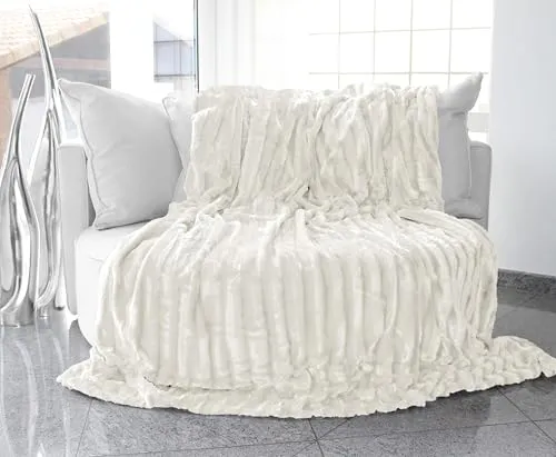 Brandsseller Kuscheldecke Fellimitat doppelseitig XXL 220x240 cm – Flauschige Kunstfelldecke Sofa & Bett, warme Luxus Wohndecke, weich & gemütlich - 100% Polyester, waschbar – Weiß