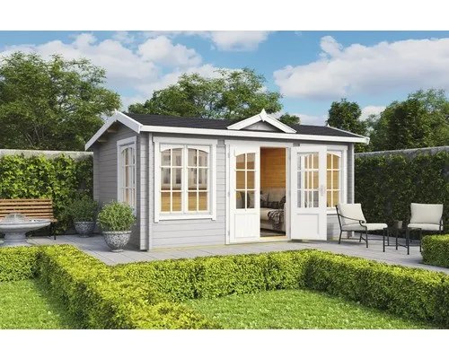 Gartenhaus Blockhaus Satteldach Windsor 44 grau 420x320 cm - Gartenhaus, robustes Blockhaus mit 44 mm Wandstärke und abschließbarer Doppeltür, ideal als Gartenlager oder Rückzugsort mit 11,4 m² Nutzfläche.