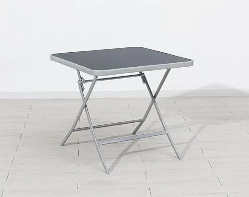 Gardissimo Klapptisch Garda Silber 80 cm - Esstisch mit Sicherheitsarretierung und Riffleglasplatte, ideal für Balkon oder Garten. Einfacher Klappmechanismus für platzsparende Aufbewahrung.