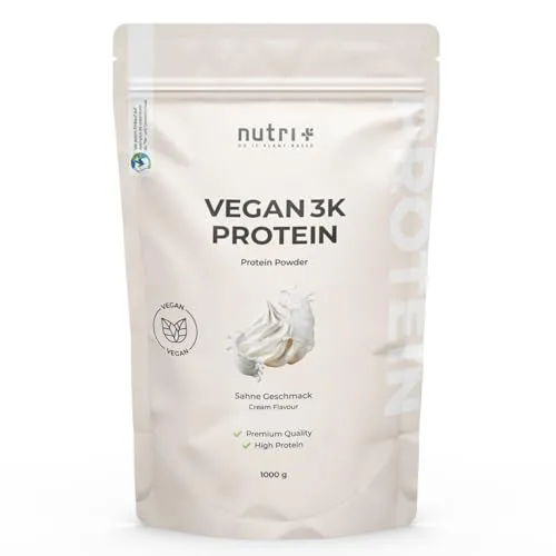 Nutri + Veganes Proteinpulver Sahne 1 kg - 80% Eiweiß - 3k Eiweißpulver Geschmack - Protein Pulver Vegan 1000 g ohne Milch & Laktose
