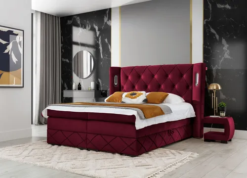 Boxspringbett ELVIANO 140x200cm Stoff Rot mit Ambiente-LED in rot von Fun Möbel
